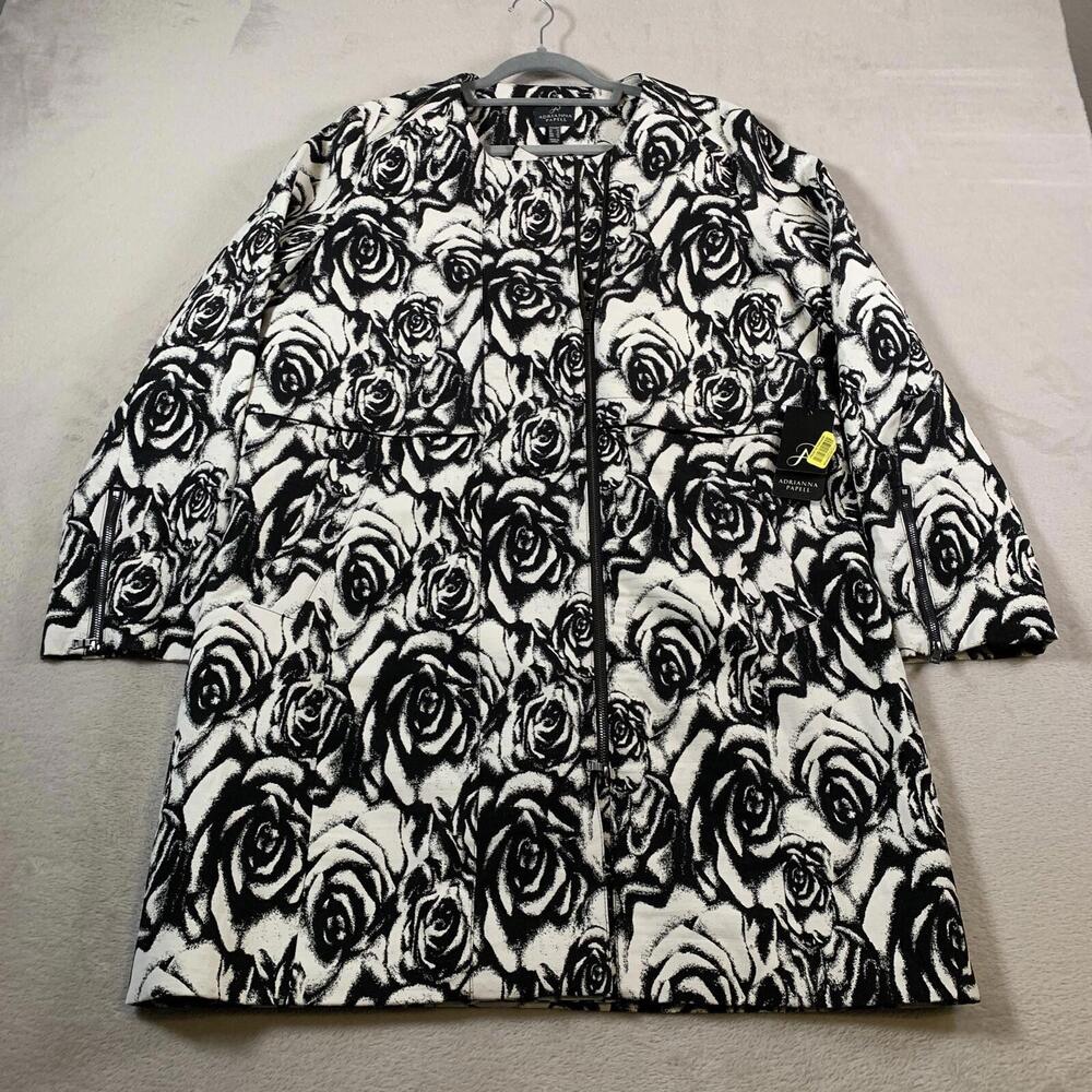 Adrianna Papell Jacket Womens Size 10 Black White Floral Rose‎ Full Zip NEW